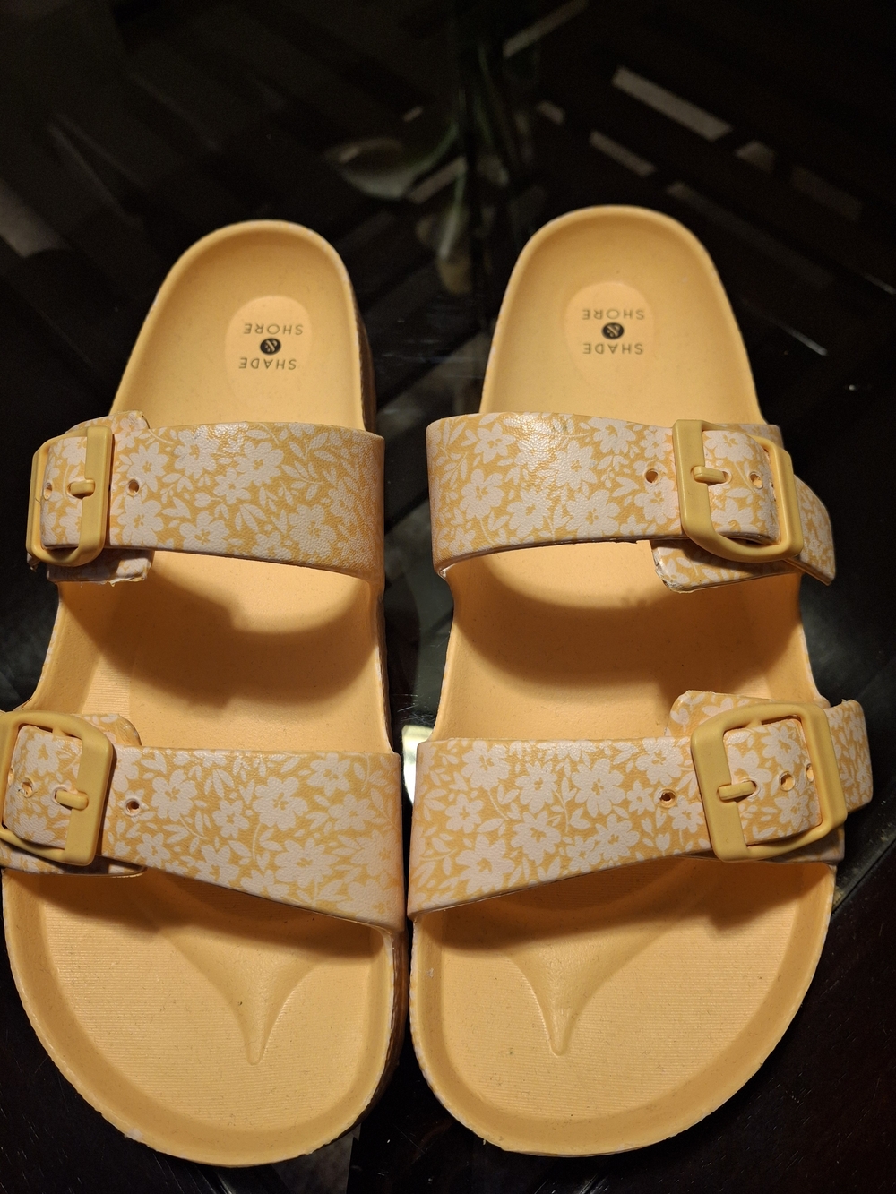 Shade & Shore Yellow Floral Double-Buckle Slide Sandals